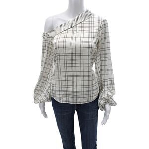 Hellessy Womens White Check Polka Dot Cotton Blouse Long Sleeve Tie Size 2
